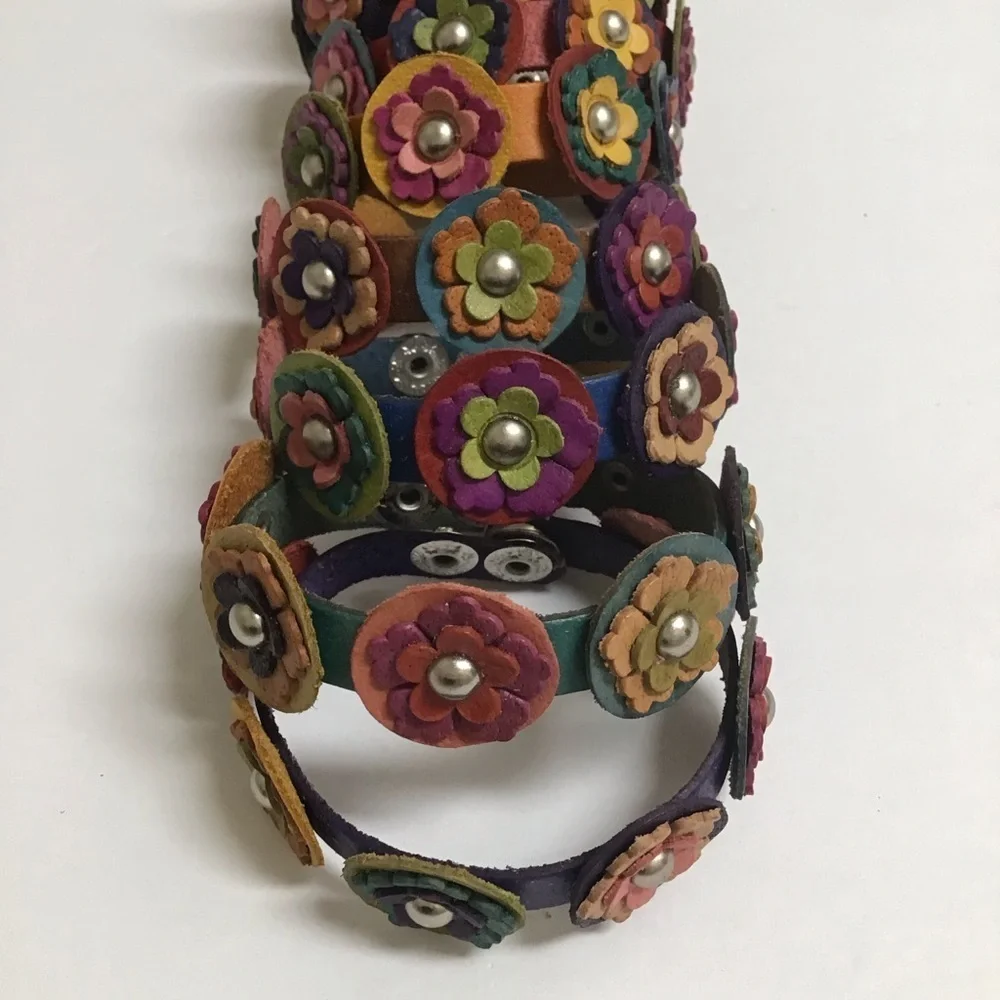 Daisy Flower Leather Bracelet Handmade Mexico Boho Colorful 2-Snap Festival NEW